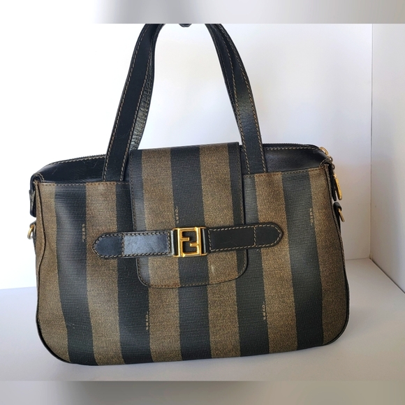 Fendi Handbags - COA Fendi Pequin Handbag Brown Black